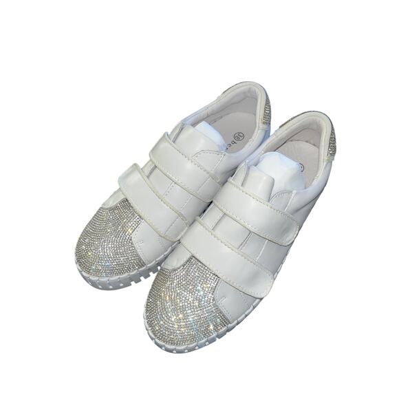 Women's Bernie Mev Odell Leather Sneaker White Rhinestones Memory Foam Sz 38/7 - Picture 2 of 7